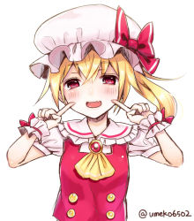 Rule 34 | 1girl, bad id, bad pixiv id, blonde hair, blush, bow, brooch, fang, fingers to cheeks, flandre scarlet, hat, hat bow, jewelry, red eyes, side ponytail, simple background, solo, touhou, umeko (koori ume), white background, wrist cuffs