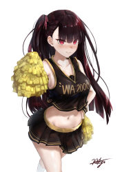 Rule 34 | 1girl, blush, breasts, chaciooh, cheerleader, closed mouth, clothes writing, collarbone, commentary request, crop top, girls&#039; frontline, hair ribbon, half updo, hand on own hip, highres, kneehighs, large breasts, long hair, looking at viewer, midriff, navel, one side up, pleated skirt, pom pom (cheerleading), purple hair, red eyes, red ribbon, revision, ribbon, sidelocks, signature, simple background, skirt, sleeveless, socks, solo, standing, very long hair, wa2000 (girls&#039; frontline), white background, white socks, wristband