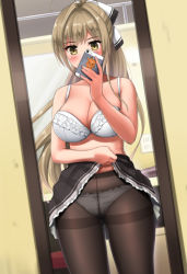 Rule 34 | 10s, 1girl, amagi brilliant park, animal print, antenna hair, bare arms, bare shoulders, beige hair, black panties, black skirt, blush, bow, bow panties, bra, breasts, camera phone, cellphone, cleavage, clothes lift, collarbone, crotch seam, derauea, electrical outlet, electrical outlet, frilled bra, frilled panties, frills, glass, hair bow, holding, holding phone, indoors, large breasts, lifted by self, lingerie, long hair, mirror, panties, panties under pantyhose, pantyhose, phone, pleated skirt, ponytail, reflection, reindeer print, room, selfie, sento isuzu, skirt, skirt lift, smartphone, smartphone case, socket, solo, standing, taking picture, thighband pantyhose, tsurime, underwear, very long hair, white bow, white bra, white panties, yellow eyes