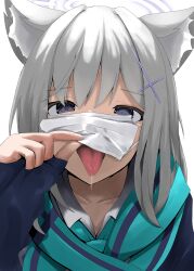 Rule 34 | 1girl, absurdres, animal ear fluff, animal ears, blue archive, blue eyes, blue scarf, cross hair ornament, disuto, grey hair, hair ornament, halo, highres, lifting own clothes, looking at viewer, mask, mask lift, mouth mask, portrait, saliva, scarf, shiroko (blue archive), solo, surgical mask, tongue, tongue out, white background, wolf ears