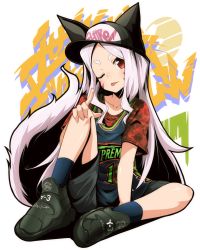 Rule 34 | 1girl, :p, ;p, animal ear headwear, baseball cap, black footwear, black socks, closed mouth, clothes writing, collarbone, commentary request, facial mark, fake animal ears, fingernails, fox hat, fox tail, hand on own knee, hat, head tilt, highres, light purple hair, long hair, looking at viewer, one eye closed, red eyes, red shirt, sewayaki kitsune no senko-san, shiro (sewayaki kitsune no senko-san), shirt, shoes, short sleeves, shorts, sitting, socks, solo, tail, tanashi (mk2), tank top, thick eyebrows, tongue, tongue out, very long hair, white background