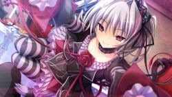 Rule 34 | 1girl, black choker, black hairband, blurry, cat tail, choker, collarbone, depth of field, dress, dutch angle, evil grin, evil smile, flower, foreshortening, frilled choker, frills, game cg, gothic lolita, grey hair, grin, hair between eyes, hair intakes, hair ornament, hair ribbon, hairband, hapymaher, hug, indoors, juliet sleeves, koku, lolita fashion, long ribbon, long sleeves, looking at viewer, medium hair, naitou maia, non-web source, official art, petite, pov, puffy sleeves, red eyes, red flower, red ribbon, red rose, ribbon, rose, sharp teeth, slit pupils, smile, solo, striped clothes, striped thighhighs, tail, teeth, thighhighs, tsurime, two side up