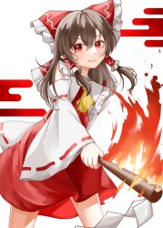 Rule 34 | 1girl, ascot, black hair, blush, bow, brown hair, closed mouth, commentary, cowboy shot, detached sleeves, egasumi, gohei, hair between eyes, hair bow, hair tubes, hakurei reimu, highres, holding, holding gohei, long hair, long sleeves, looking at viewer, red bow, red eyes, red shirt, red skirt, ribbon-trimmed sleeves, ribbon trim, shirt, simple background, skirt, skirt set, sleeveless, sleeveless shirt, smile, solo, standing, temmie (temi maru), touhou, white background, white sleeves, wide sleeves, yellow ascot