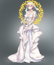 Rule 34 | 1girl, blue eyes, bouquet, breasts, bridal veil, cleavage, collarbone, diadem, dress, flower, full body, gloves, go-toubun no hanayome, grey background, grin, hair between eyes, highres, holding, holding bouquet, jewelry, jim dez, large breasts, layered dress, long dress, nakano ichika, necklace, one eye closed, rose, short hair, silver hair, smile, solo, standing, strapless, strapless dress, veil, wedding dress, white dress, white gloves, yellow flower, yellow rose