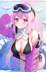Rule 34 | 1girl, :o, bare shoulders, bikini, black bikini, blue archive, blush, breasts, cleavage, eimi (blue archive), eimi (swimsuit) (blue archive), glacier, goggles, goggles on head, halo, highres, jacket, large breasts, leaning forward, long hair, looking at viewer, navel, official alternate costume, open clothes, open jacket, padded jacket, pink eyes, pink hair, pink halo, pink jacket, ponytail, primamiya, scarf, side-tie bikini bottom, ski goggles, solo, swept bangs, swimsuit, white scarf