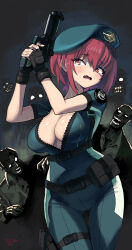 Rule 34 | 1girl, absurdres, blush, breasts, chilidog (lumchan777), cleavage, cosplay, fang, fingerless gloves, gloves, gun, handgun, hat, heterochromia, highres, holding, holding gun, holding weapon, hololive, houshou marine, jill valentine, jill valentine (cosplay), large breasts, open mouth, red eyes, red hair, resident evil, scared, short hair, tears, virtual youtuber, weapon, yellow eyes, zombie
