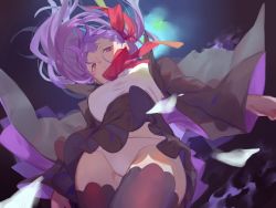 Rule 34 | 10s, 1girl, bb (fate), bb (fate/extra), black thighhighs, bow, breasts, fate/extra, fate/extra ccc, fate (series), hair bow, hair ribbon, highres, looking at viewer, looking down, panties, purple eyes, red cucumber, ribbon, solo, thighhighs, thighs, underwear, white panties