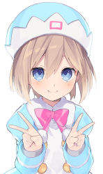 Rule 34 | 1girl, blue coat, blue eyes, blue hat, blush, bow, bowtie, brown hair, buran buta, buttons, coat, double-breasted, double v, fur-trimmed coat, fur trim, hair between eyes, hands up, hat, highres, looking at viewer, medium hair, neptune (series), pink bow, pink bowtie, pom pom (clothes), rom (neptunia), simple background, smile, solo, upper body, v, white background