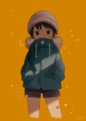 Rule 34 | 1boy, bandaid, bandaid on leg, beanie, black hair, black shorts, blue coat, child, coat, collared coat, covered mouth, cropped legs, drawstring, fur-trimmed coat, fur trim, hands in pockets, hat, high collar, looking at viewer, male focus, noeyebrow (mauve), orange background, original, short hair, shorts, simple background, solo, twitter username, white hat, winter clothes, winter coat