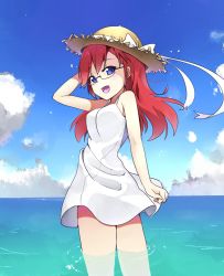 Rule 34 | 10s, 1girl, :d, ano natsu de matteru, blue eyes, bow, cloud, day, glasses, hand on headwear, hat, hat bow, hat ribbon, highres, long hair, looking back, ocean, open mouth, partially submerged, red hair, ribbon, sky, smile, snowflyer, soaking feet, solo, standing, takatsuki ichika, wading, water, wind, wind lift