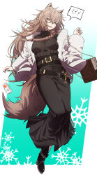Rule 34 | 1girl, ?, ??, absurdres, animal ears, arknights, belt, black belt, black footwear, black skirt, black sweater, book, braid, breasts, brown hair, full body, fur-trimmed jacket, fur trim, hair between eyes, highres, holding, holding book, jacket, long hair, long skirt, long sleeves, medium breasts, mole above eye, official alternate costume, open clothes, open jacket, penance (arknights), penance (occasionally flushed) (arknights), ribbed sweater, samacho, shirt tucked in, skirt, snowflakes, solo, spoken question mark, sweater, tail, very long hair, white jacket, wolf ears, wolf girl, wolf tail, yellow eyes
