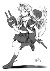 Rule 34 | 1girl, adapted turret, black serafuku, cannon, commentary request, fingerless gloves, full body, gloves, greyscale, hair flaps, hair ribbon, kantai collection, kneehighs, loafers, long hair, machinery, monochrome, nao (nao eg), one-hour drawing challenge, pleated skirt, ribbon, running, scarf, school uniform, serafuku, shoes, simple background, skirt, smile, smokestack, socks, solo, turret, yuudachi (kancolle), yuudachi kai ni (kancolle)