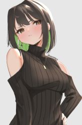 Rule 34 | 1girl, bare shoulders, black hair, black sweater, blush, borrowed character, breasts, brown eyes, clothing cutout, earrings, green hair, grey background, hand on own hip, jewelry, large breasts, looking to the side, miru (ormille), mole, necklace, original, pout, ribbed sweater, shoulder cutout, skeptycally, sweater