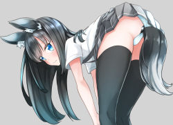Rule 34 | 1girl, anal, anal beads, anal object insertion, anal tail, animal ears, asashio (kancolle), ass, bent over, black thighhighs, blue eyes, blue panties, blush, butt plug, closed mouth, clothing aside, comah, commentary request, fake tail, fox ears, from side, grey background, grey skirt, hands on own knees, kantai collection, kemonomimi mode, long hair, looking at viewer, looking to the side, object insertion, panties, panties aside, pantyshot, pleated skirt, sex toy, shirt, short sleeves, simple background, skirt, solo, standing, suspender skirt, suspenders, tail, thighhighs, underwear, upskirt, white shirt