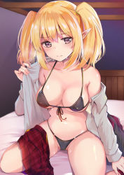 Rule 34 | 1girl, bare shoulders, bikini, blonde hair, blush, breasts, cameltoe, chloe (princess connect!), closed mouth, clothes pull, commentary request, hair tie, konka, large breasts, long hair, long sleeves, looking at viewer, micro bikini, navel, off shoulder, open clothes, pointy ears, princess connect!, purple eyes, side-tie bikini bottom, sitting, skirt, skirt pull, smile, solo, steam, string bikini, sweat, swimsuit, two side up, undressing, wariza, wet