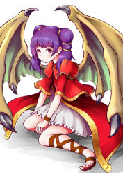 Rule 34 | 1girl, closed mouth, dragon wings, dress, fire emblem, fire emblem: the sacred stones, hekichino toaru, multi-tied hair, myrrh (fire emblem), nintendo, purple hair, red eyes, sandals, simple background, sitting, solo, twintails, white background, wings, wristband