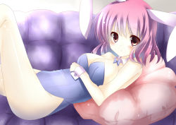 Rule 34 | 1girl, amane ruri, animal ears, bare legs, bow, bowtie, breasts, chair, cleavage, couch, detached collar, female focus, highres, leotard, md5 mismatch, pillow, pink eyes, pink hair, playboy bunny, purple upholstery, rabbit ears, resolution mismatch, saigyouji yuyuko, short hair, smile, solo, source larger, strapless, touhou, type (artist)