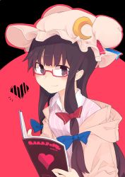 Rule 34 | 1girl, adapted costume, akimaki yuu, alternate costume, bespectacled, blush, book, crescent, glasses, hair ribbon, hat, heart, highres, long hair, looking at viewer, mob cap, off shoulder, open book, patchouli knowledge, purple eyes, purple hair, red-framed eyewear, ribbon, shirt, smile, solo, striped, touhou, tress ribbon, upper body
