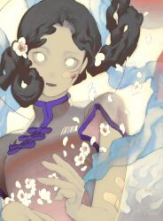 Rule 34 | 1girl, bad perspective, bandaid, bandaid on arm, bandaid on cheek, bandaid on face, barcode, black hair, blood, blood on face, blue shawl, breasts, china dress, chinese clothes, dress, floating hair, flower, gtsleep1200, hagoromo, hair flower, hair ornament, highres, looking at viewer, original, parted lips, petals, plum blossoms, puffy short sleeves, puffy sleeves, shawl, short sleeves, small breasts, solo, upper body, white eyes, white flower