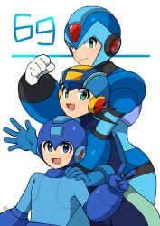 Rule 34 | 3boys, armor, black hair, blue armor, blue bodysuit, blue eyes, blue helmet, bodysuit, clenched hand, forehead jewel, green eyes, helmet, highres, looking at viewer, looking up, male focus, mega man (character), mega man (classic), mega man (series), mega man battle network (series), mega man day, mega man x (series), megaman.exe, multiple boys, name connection, number pun, open mouth, simple background, smile, spiked hair, tobitori, v, white background, x (mega man)