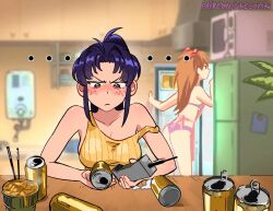 Rule 34 | 2girls, annoyed, ass, beer can, blush, breasts, can, cup ramen, drink can, highres, holding, holding can, holding phone, instant ramen, katsuragi misato, looking at object, medium breasts, multiple girls, neon genesis evangelion, panties, phone, pink panties, plant, refrigerator, snegovski, souryuu asuka langley, underwear