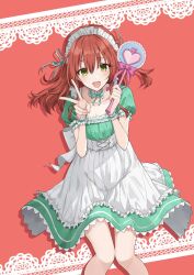 Rule 34 | 1girl, apron, aqua ribbon, bocchi the rock!, bow, breasts, collar, collarbone, cross-laced clothes, detached collar, floating hair, frilled collar, frills, green skirt, hair between eyes, hair ribbon, highres, holding, holding staff, kanaria hisagi, kita ikuyo, leg up, looking at viewer, maid headdress, medium hair, open mouth, red background, red hair, ribbon, scrunchie, sidelocks, simple background, skirt, small breasts, smile, solo, staff, v, white apron, white bow, white collar, white scrunchie, wrist scrunchie, yellow eyes