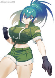 Rule 34 | 1girl, abs, absurdres, black gloves, blue eyes, blue hair, clenched hand, earrings, fighting stance, gloves, green jacket, green shorts, highres, jacket, jewelry, leona heidern, looking at viewer, navel, otoseto, ponytail, short sleeves, shorts, sidelocks, simple background, solo, the king of fighters, the king of fighters xv, triangle earrings, twitter username, white background