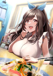 Rule 34 | 1girl, 1other, :d, absurdres, blouse, blurry, blurry background, blush, bra visible through clothes, bracelet, breast rest, breasts, brown hair, chopsticks, dutch angle, food, frilled sleeves, frills, hand on own cheek, hand on own face, head rest, highres, idolmaster, idolmaster shiny colors, indoors, jewelry, large breasts, light particles, looking at viewer, open collar, open mouth, pasta, ponytail, shirt, sleeveless, sleeveless shirt, smile, solo focus, table, tera2001, tsukioka kogane, white shirt