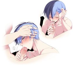 Rule 34 | 2boys, aoyagi touya, blue hair, erection, fellatio, grey eyes, highres, jewelry, licking, licking penis, looking at viewer, male focus, mochi noue, multicolored hair, multiple boys, muscular, muscular male, open mouth, oral, penis, project sekai, sex, shinonome akito, short hair, split-color hair, two-tone hair, yaoi