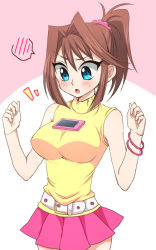 Rule 34 | 1girl, bare shoulders, belt, blue eyes, blush, bracelet, breasts, brown hair, female focus, jewelry, large breasts, light background, looking at object, mazaki anzu, open mouth, phone, pink skirt, pleated, pleated skirt, ponytail, shirt, short hair, skirt, sleeveless, sleeveless shirt, solo, standing, sweatdrop, yellow shirt, yu-gi-oh!, yu-gi-oh! duel monsters