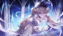 Rule 34 | 1girl, alchemy stars, bad id, bad pixiv id, bare shoulders, bethlehem (alchemy stars), blonde hair, blue bow, bow, cape, choker, closed mouth, cloud, commentary, crystal, detached sleeves, dress, emblem, english commentary, expressionless, floating, floating object, hair bow, highres, looking at viewer, magic, open hands, peumya, puffy sleeves, purple eyes, sidelocks, solo, twintails, white dress