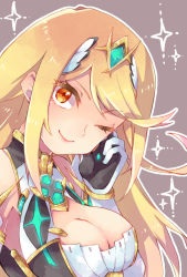 Rule 34 | 1girl, bare shoulders, blonde hair, breasts, chest jewel, cleavage, cleavage cutout, clothing cutout, earrings, elbow gloves, gloves, highres, jewelry, large breasts, long hair, mythra (xenoblade), solo, swept bangs, tiara, very long hair, white gloves, xenoblade chronicles (series), xenoblade chronicles 2, yellow eyes, yuzuma (321353)