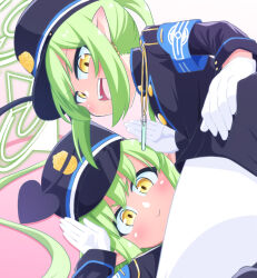 Rule 34 | 2girls, black hat, black jacket, blue archive, closed mouth, demon girl, demon tail, gloves, green hair, green halo, halo, hand on own hip, hat, highres, hikari (blue archive), jacket, looking at viewer, multiple girls, nozomi (blue archive), obyaa, open mouth, pantyhose, pointy ears, siblings, sidelocks, sisters, tail, teeth, upper teeth only, whistle, whistle around neck, white gloves, white pantyhose, yellow eyes