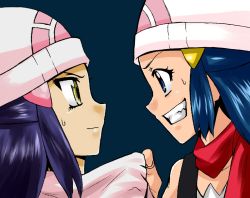 Rule 34 | 00s, 2girls, bad id, bad pixiv id, blue eyes, blue hair, creatures (company), crossover, dawn (pokemon), dual persona, eye contact, face-to-face, game freak, grin, hat, in-franchise crossover, looking at another, multiple girls, nintendo, pokemon, pokemon (anime), pokemon adventures, pokemon dppt, purple hair, smile, turizao, yellow eyes