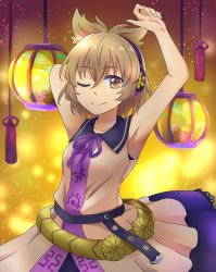 Rule 34 | 1girl, armpits, arms up, backlighting, bare shoulders, beige shirt, belt, blurry, blurry background, bokeh, brown eyes, brown hair, closed mouth, collarbone, commentary request, depth of field, earmuffs, hair between eyes, highres, kuritsuki, lantern, light particles, looking at viewer, one eye closed, pointy hair, purple ribbon, ribbon, sailor collar, short hair, smile, solo, touhou, toyosatomimi no miko, upper body