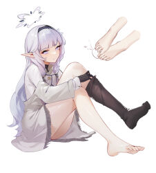 Rule 34 | 1girl, absurdres, barefoot, black gloves, black hairband, black thighhighs, blue archive, closed mouth, feet, gloves, grey hair, hair between eyes, hair tubes, hairband, halo, highres, himari (blue archive), lcy bingzi, legs, long hair, long sleeves, multiple views, no shoes, pointy ears, purple eyes, simple background, single thighhigh, sitting, solo, suggestive fluid, thighhighs, toes, very long hair, white background