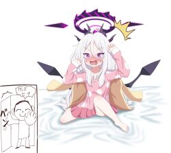 Rule 34 | 1girl, ahoge, arms up, bare legs, barefoot, blue archive, blush, coat, demon girl, demon horns, demon wings, hair between eyes, halo, hand up, highres, hina (blue archive), hina (pajamas) (blue archive), horns, mugisepa, on bed, one eye closed, open mouth, pajamas, pink pajamas, pink skirt, purple eyes, saliva, sitting, skirt, solo, surprised, white hair, wings, yellow coat