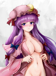 Rule 34 | 1girl, blue bow, blush, bottomless, bow, breasts, capelet, collarbone, crescent, crescent hat ornament, groin, hair bow, hat, hat ornament, highres, large breasts, long hair, looking at viewer, mob cap, multiple hair bows, namiki (remiter00), navel, out-of-frame censoring, patchouli knowledge, pink capelet, pink robe, purple eyes, purple hair, red bow, robe, solo, touhou, wide sleeves