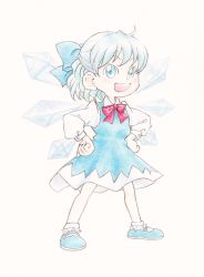 Rule 34 | 1girl, :d, ankle socks, bad id, bad pixiv id, blue dress, blue eyes, blue hair, bow, cirno, dress, full body, fumie (mikan to mu 83), hair bow, hands on own hips, highres, ice, ice wings, long sleeves, mary janes, matching hair/eyes, open mouth, red bow, shoes, short hair, smile, socks, solo, touhou, traditional media, white background, wings