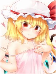 Rule 34 | 1girl, bare arms, bare shoulders, blonde hair, blush, breasts, camisole, cleavage, closed mouth, collarbone, commentary request, crystal, eyes visible through hair, fang, fang out, flandre scarlet, flat chest, hair between eyes, hand on own chest, hand up, hat, hat ribbon, head tilt, heart, highres, long hair, looking at viewer, marukyuu ameya, mob cap, nail polish, pink camisole, pointy ears, red eyes, red nails, red ribbon, ribbon, side ponytail, slit pupils, smile, solo, spaghetti strap, star (symbol), starry background, strap pull, touhou, upper body, white background, white hat, wings