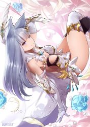 Rule 34 | 10s, 1girl, animal ears, arm behind head, artist name, asymmetrical legwear, backless dress, backless outfit, bare shoulders, black thighhighs, breasts, dress, erune, granblue fantasy, highres, korwa, long hair, looking at viewer, mismatched legwear, no panties, purple eyes, quill, revealing clothes, signature, silver hair, smile, solo, teeth, thighhighs, thighs, white thighhighs, yaman (yamanta lov)