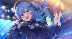 Rule 34 | 1girl, :d, banner, belt buckle, black hat, black jacket, black ribbon, blue eyes, blue hair, blush, breasts, buckle, concert, fingernails, glowstick, hat, hololive, hoshimachi suisei, hoshimachi suisei (streetwear), indoors, jacket, long fingernails, long hair, long sleeves, looking at viewer, microphone, microphone stand, mikami nacaba, music, nail polish, neck ribbon, off shoulder, one side up, open clothes, open jacket, open mouth, orange nails, ribbon, singing, small breasts, smile, solo, stage, stage lights, star (symbol), star in eye, symbol in eye, teeth, upper body, upper teeth only, virtual youtuber, zipper