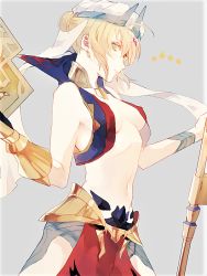 Rule 34 | 1girl, artoria pendragon (fate), blonde hair, blush, breasts, cleavage, cropped, earrings, fate/grand order, fate (series), gilgamesh (fate), gilgamesh (caster) (fate), green eyes, jewelry, midriff, navel, open clothes, open vest, saber (fate), sideboob, solo, vest