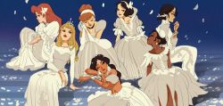 Rule 34 | 6+girls, ;), aladdin (disney), alternate color, alternate costume, ariel (disney), arm support, aurora (disney), bare arms, black hair, blonde hair, blue background, bracelet, choker, cinderella, cinderella (disney), closed eyes, commentary request, company connection, crown, dark-skinned female, dark skin, detached sleeves, disney, dress, earrings, elbow gloves, expressionless, fa mulan (disney), flower, gloves, hair flower, hair ornament, hairband, hat, head tilt, interlocked fingers, jasmine (disney), jewelry, knees to chest, lipstick, long sleeves, looking at another, looking away, looking back, makeup, masso, mulan, multiple girls, one eye closed, own hands clasped, own hands together, petals, ponytail, profile, puffy short sleeves, puffy sleeves, red hair, red lips, short hair, short sleeves, simple background, sitting, sitting on stairs, sleeping beauty, smile, snow white (disney), snow white and the seven dwarfs, stairs, the little mermaid, the princess and the frog, tiana (the princess and the frog), white dress, white flower, white hairband, white hat