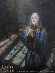 Rule 34 | 1girl, absurdres, bed, bench, blonde hair, blue dress, chain, closed eyes, commentary request, copyright, copyright name, dress, habit, highres, kneeling, legend of the cryptids, light, logo, mouse, nun, own hands clasped, own hands together, praying, prison cell, rui li, solo, wide sleeves