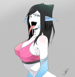 Rule 34 | 1girl, :d, black hair, blue eyes, breasts, colored skin, covered erect nipples, ergo proxy, from side, grey background, highres, j adsen, large breasts, long tongue, looking at viewer, looking to the side, monsterification, open mouth, re-l mayer, signature, simple background, slit pupils, smile, solo, sports bra, tongue, tongue out, upper body, white skin