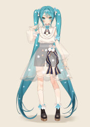Rule 34 | 1girl, absurdres, black footwear, black shorts, blue hair, blush, brown background, closed mouth, commentary request, detached sleeves, full body, green eyes, hand up, hatsune miku, highres, long hair, long sleeves, looking at viewer, minasenagi, puffy long sleeves, puffy sleeves, see-through, see-through sleeves, shadow, shirt, shoes, shorts, sidelocks, simple background, sleeveless, sleeveless shirt, smile, socks, solo, standing, twintails, very long hair, vocaloid, white shirt, white socks