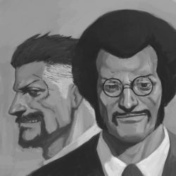 Rule 34 | 2boys, afro, aged down, bad id, bad pixiv id, bamu, facial hair, formal, glasses, greyscale, male focus, manly, monkey d. garp, monochrome, multiple boys, mustache, one piece, pince-nez, realistic, scar, sengoku (one piece), smirk, stitched, stitches, suit, third-party edit