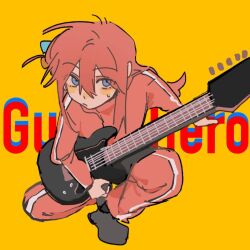 Rule 34 | 1girl, blue eyes, bocchi the rock!, closed mouth, cube hair ornament, electric guitar, english text, full body, gotoh hitori, guitar, hair ornament, holding, holding guitar, holding instrument, instrument, jacket, lingyi, long hair, long sleeves, looking at viewer, pants, pink hair, pink jacket, pink pants, simple background, solo, squatting, sweatdrop, track jacket, track pants, yellow background