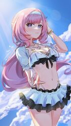 1girl bikini bikini_skirt blue_eyes blue_sky bracelet breasts cleavage cloud cloudy_sky elf elysia_(honkai_impact) elysia_(miss_pink_elf)_(honkai_impact) elysia_(summer_miss_elf)_(honkai_impact) highres honkai_(series) honkai_impact_3rd jewelry laska_(572124034) long_hair looking_at_viewer midriff navel necklace pearl_necklace pink_hair pink_pupils pointy_ears sky summer swimsuit thighs twitter_username white_bikini